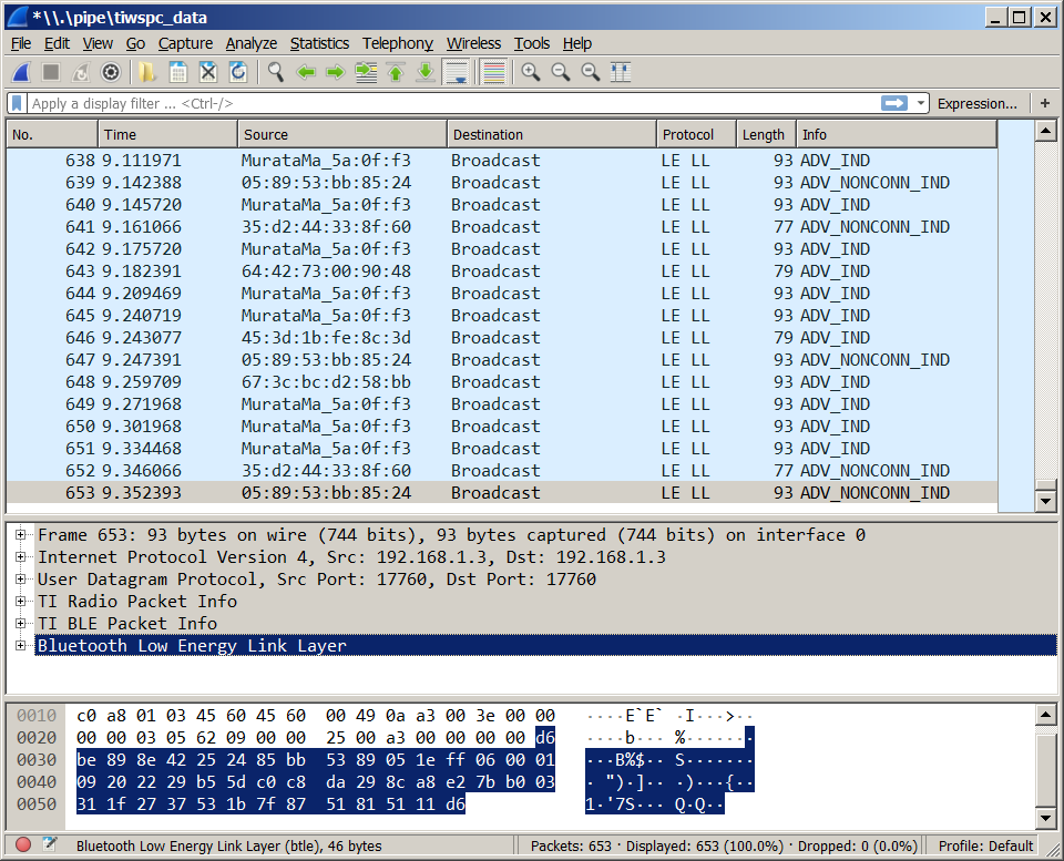 TI Packet Sniffer Wireshark picture